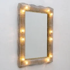 Miroir sculptural rétro moderne italien rétroéclairé en verre de Murano et laiton