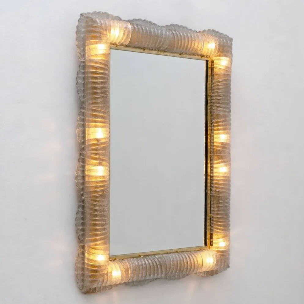 Miroir sculptural rétro moderne italien rétroéclairé en verre de Murano et laiton