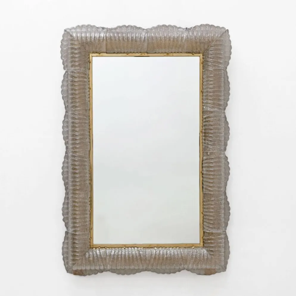 Miroir sculptural rétro moderne italien rétroéclairé en verre de Murano et laiton