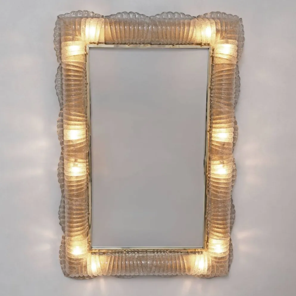 Miroir sculptural rétro moderne italien rétroéclairé en verre de Murano et laiton