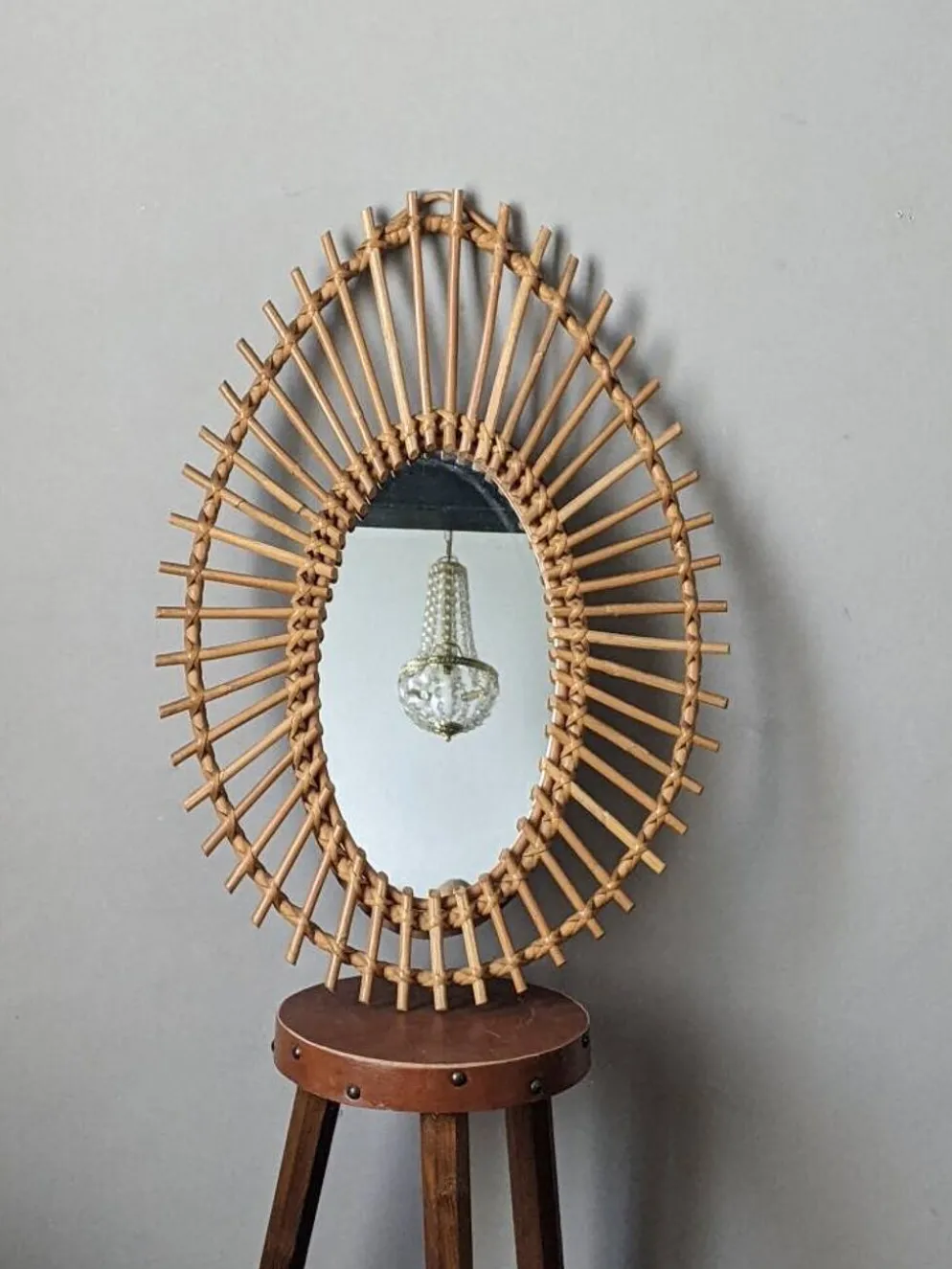Miroir soleil asymétrique vintage rotin osier bambou artisanal scandinave