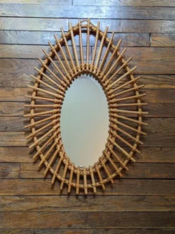 Miroir soleil asymétrique vintage rotin osier bambou artisanal scandinave