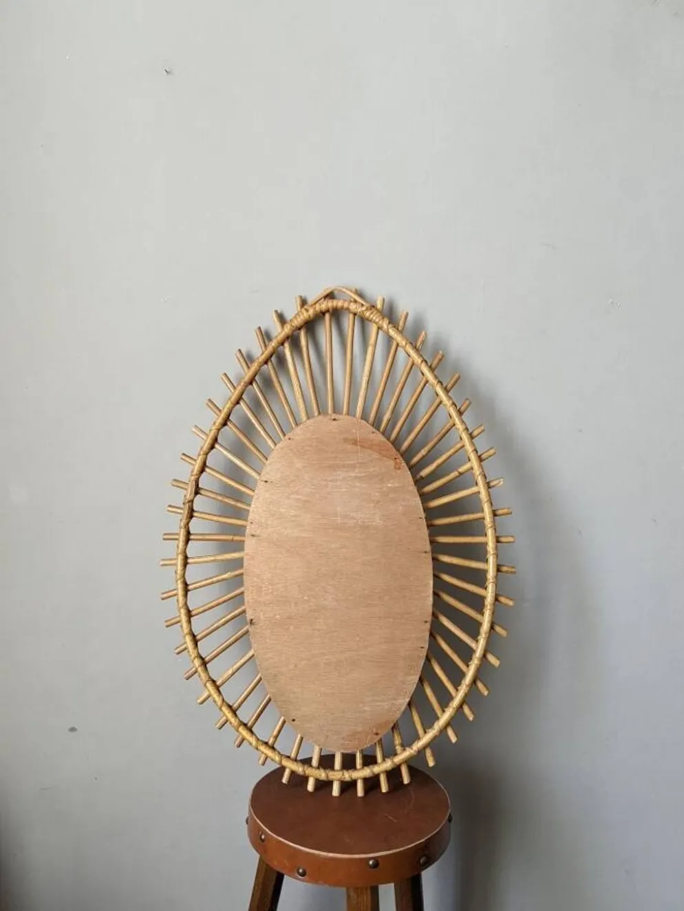 Miroir soleil asymétrique vintage rotin osier bambou artisanal scandinave