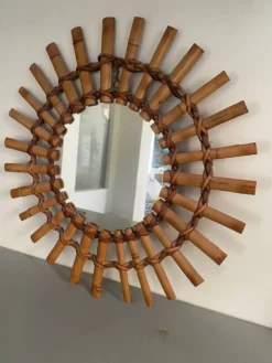 Miroir soleil bambou et rotin 1950