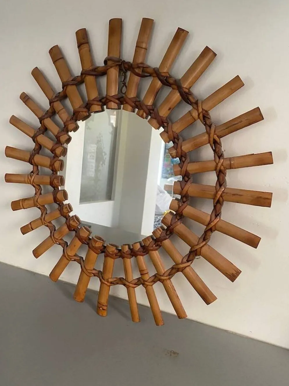 Miroir soleil bambou et rotin 1950