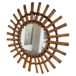 Miroir soleil bambou et rotin 1950