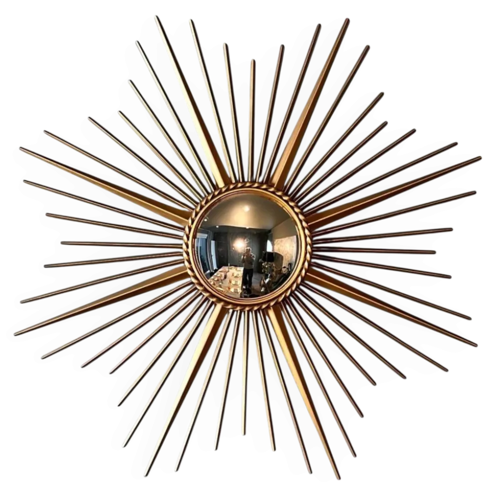 Miroir Soleil en Métal Doré à Miroir Bombé de Chaty Vallauris. Travail Fran