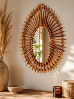 Miroir soleil en rotin 1960