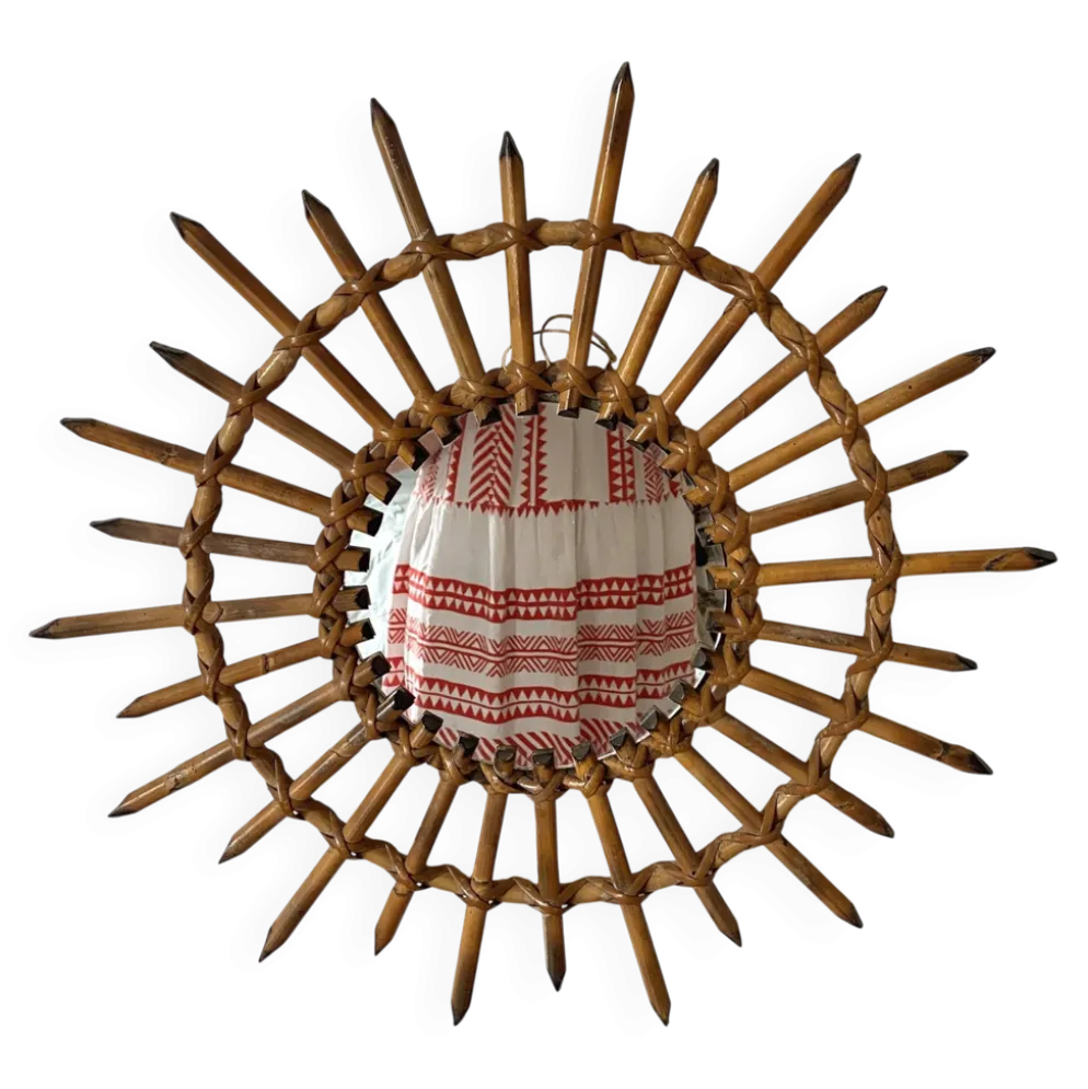 Miroir soleil en rotin années 60-70