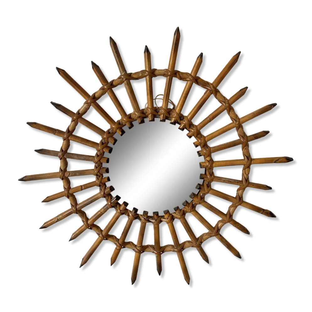 Miroir soleil en rotin années 60-70