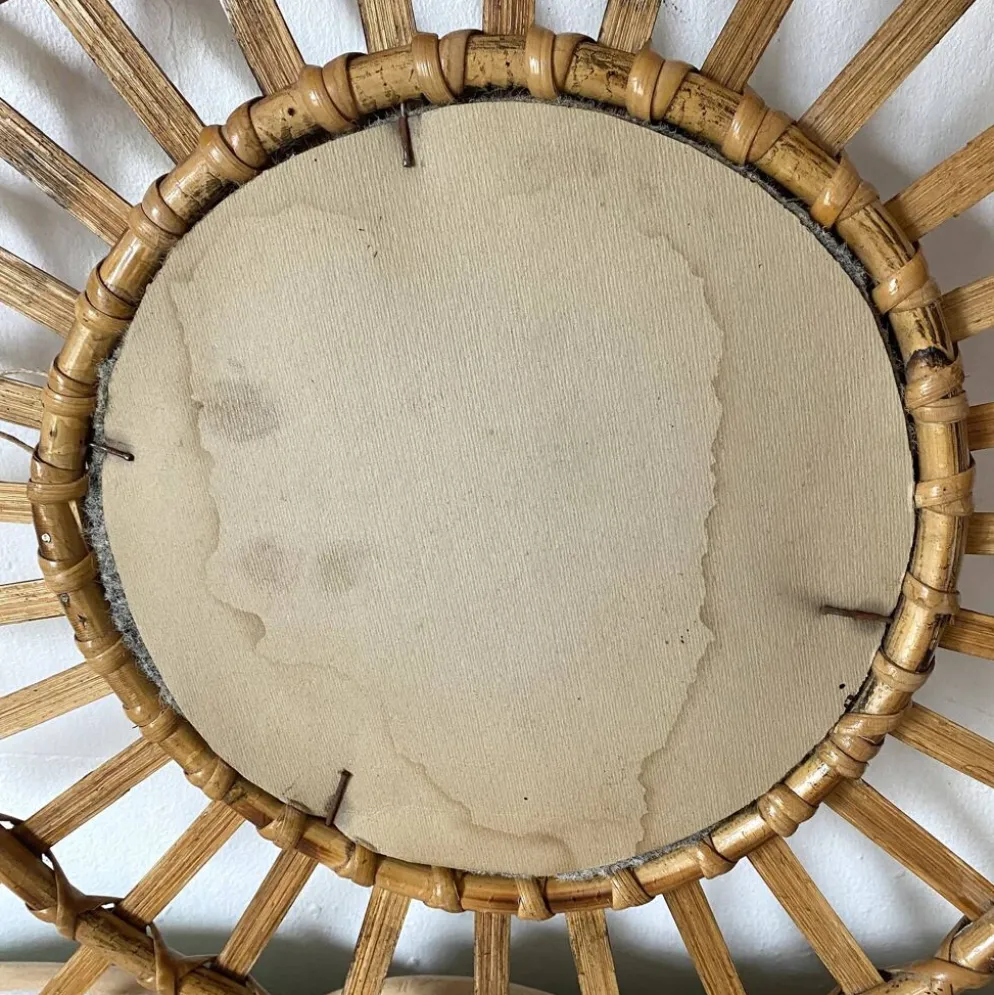 Miroir soleil en rotin années 60-70