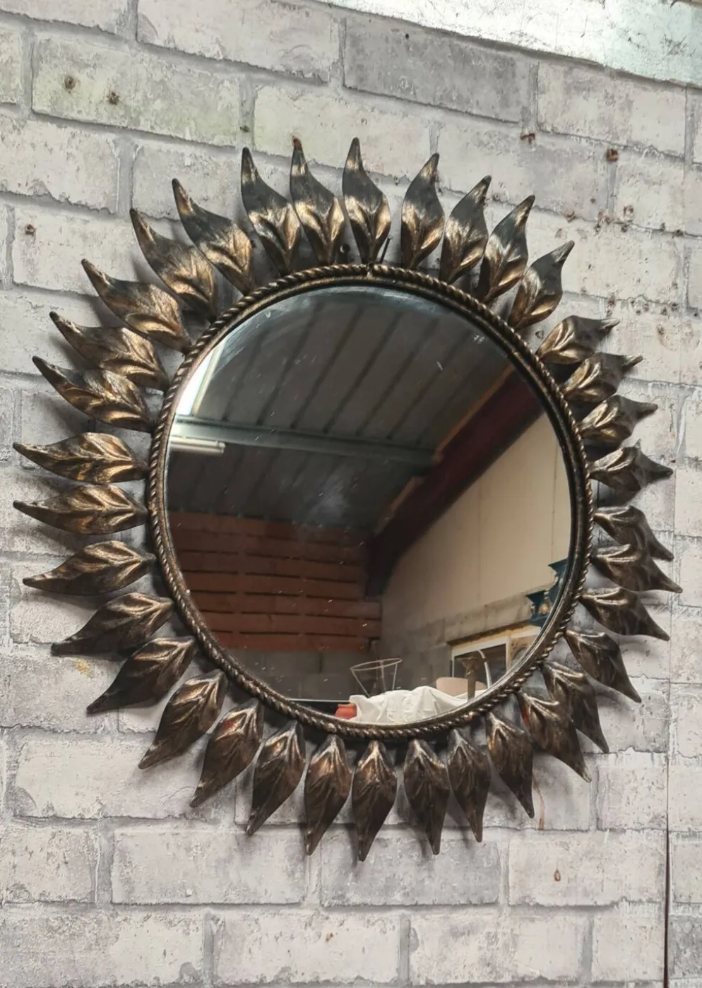 miroir soleil feuilles fer patiné 43cm tres bon etat general 1970