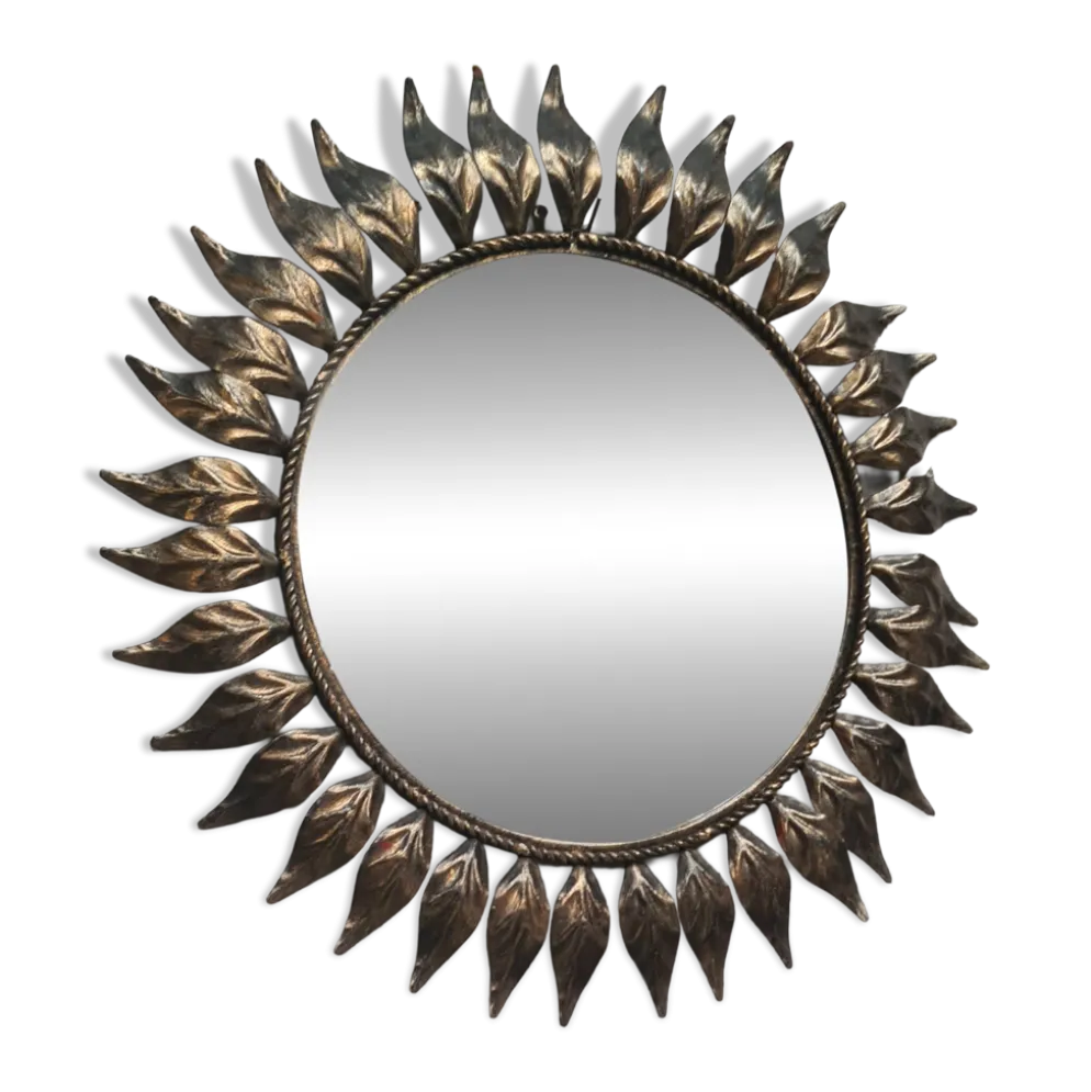 miroir soleil feuilles fer patiné 43cm tres bon etat general 1970