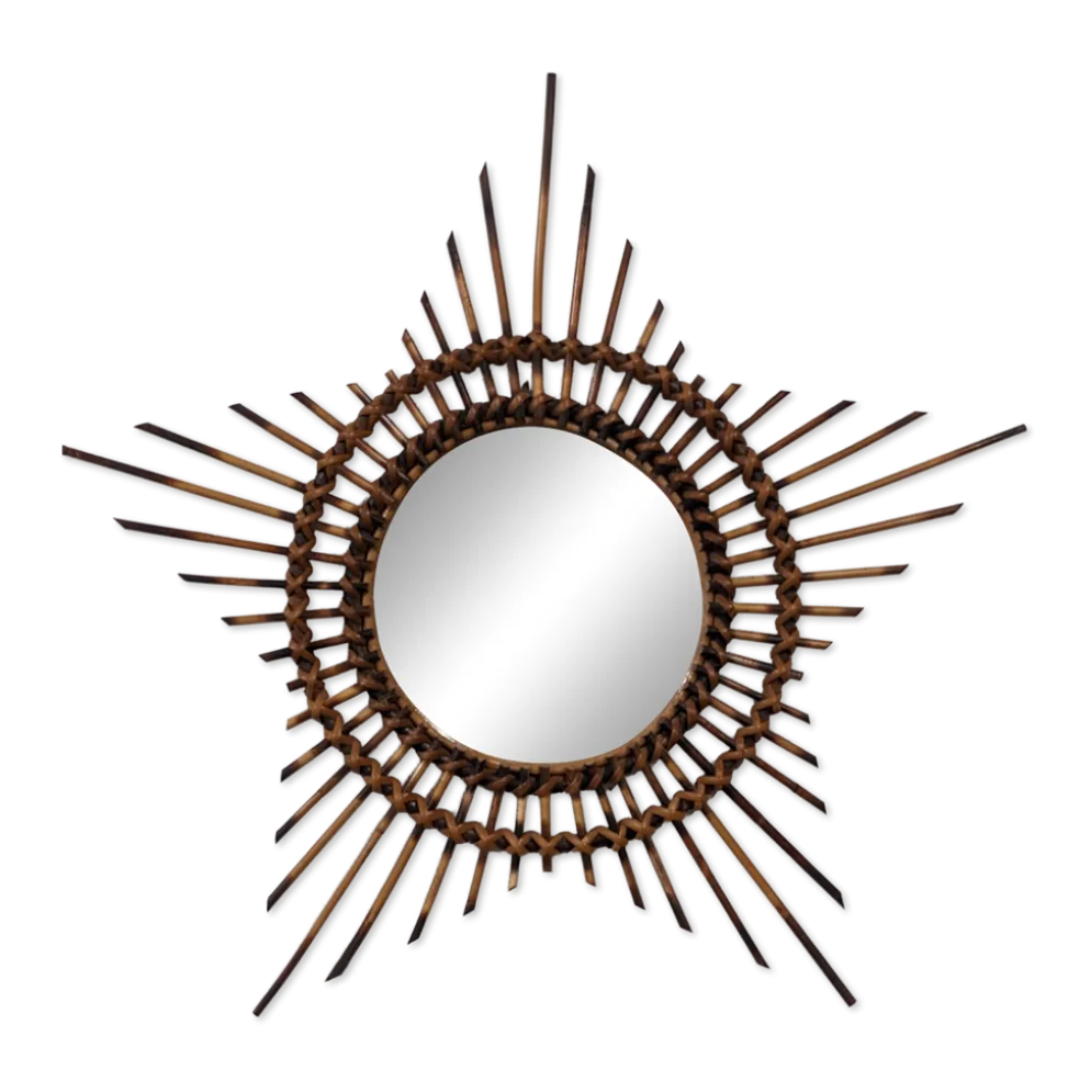 Miroir soleil étoilé en rotin, France vers 1960