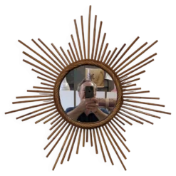 Miroir soleil étoilé XL en rotin, France vers 1970
