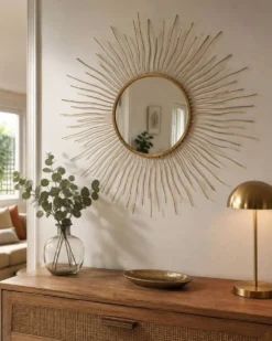 Miroir soleil vintage en métal doré – 70 cm