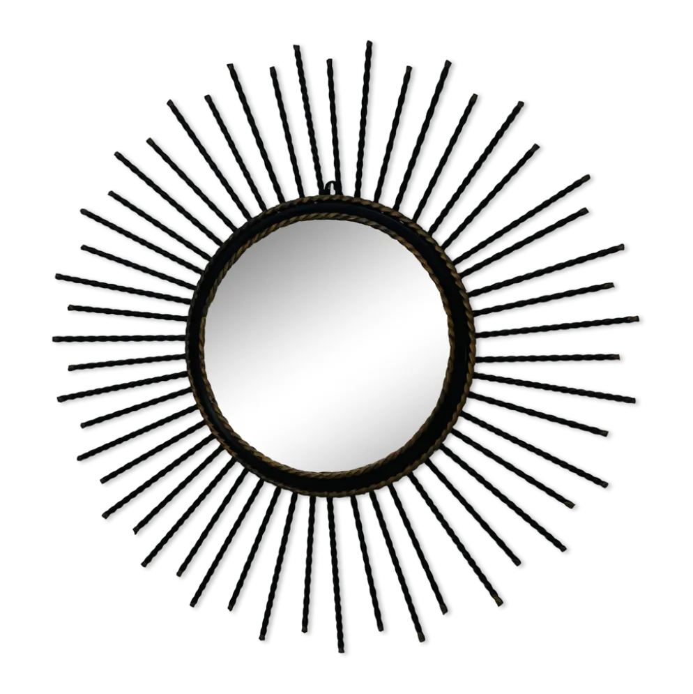 Miroir soleil vintage en métal noir et doré années 60
