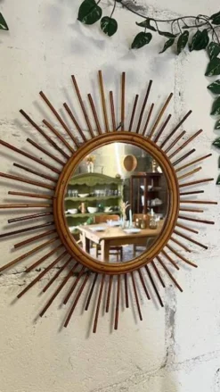 Miroir soleil vintage en rotin