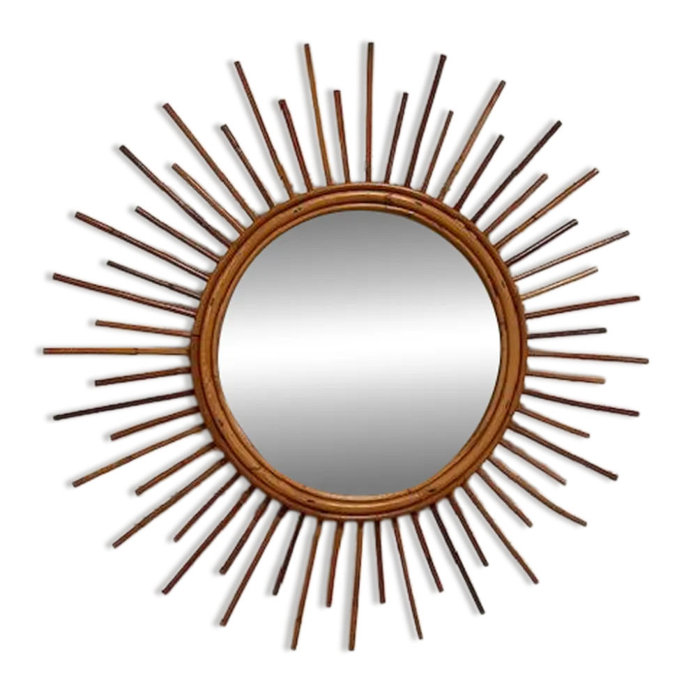 Miroir soleil vintage en rotin