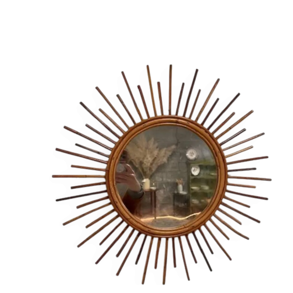 Miroir soleil vintage en rotin