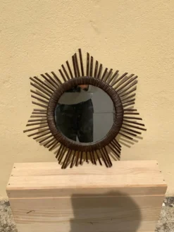 Miroir soleil vintage en rotin tressé diamètre 45 cm déco rétro