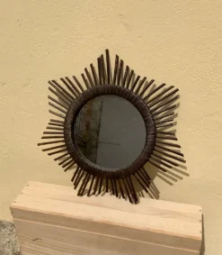 Miroir soleil vintage en rotin tressé diamètre 45 cm déco rétro