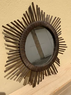 Miroir soleil vintage en rotin tressé diamètre 45 cm déco rétro