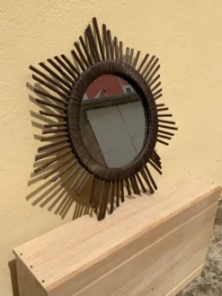 Miroir soleil vintage en rotin tressé diamètre 45 cm déco rétro