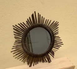 Miroir soleil vintage en rotin tressé diamètre 45 cm déco rétro