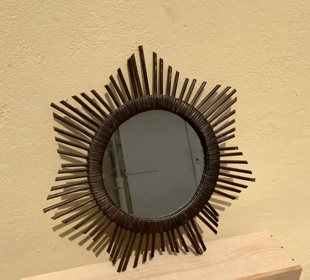 Miroir soleil vintage en rotin tressé diamètre 45 cm déco rétro