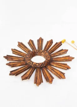 Miroir soleil vintage œil de sorcière en bois doré (39 cm)