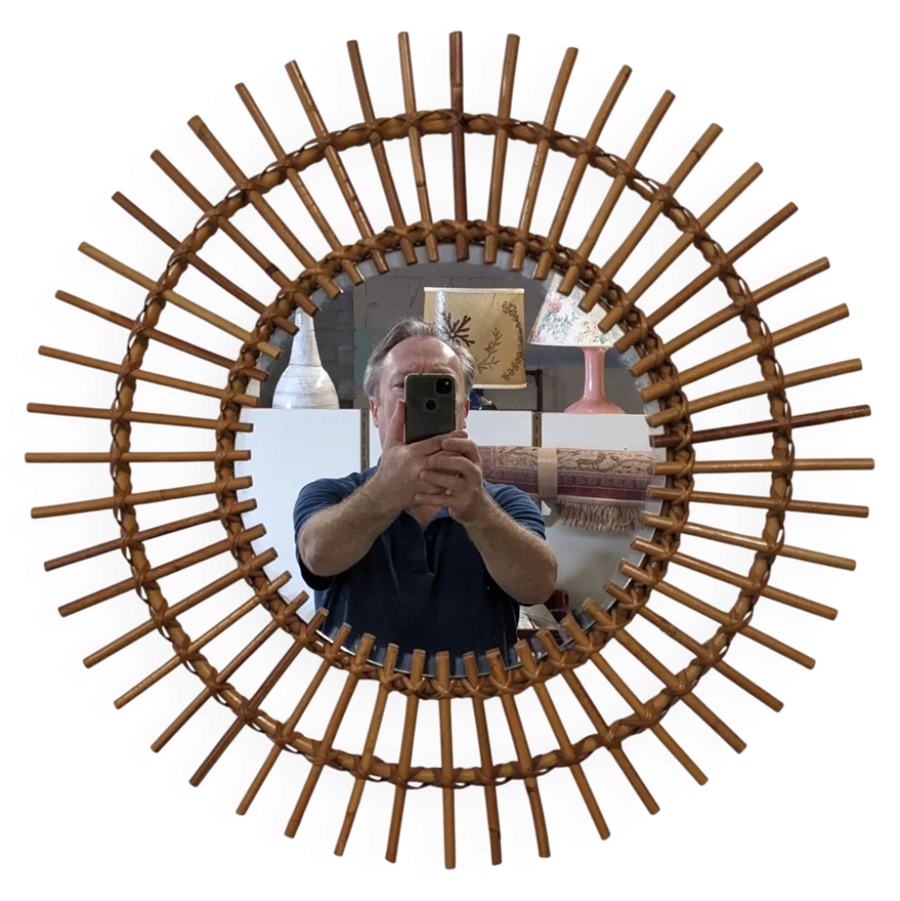 Miroir soleil XL en rotin, France vers 1960
