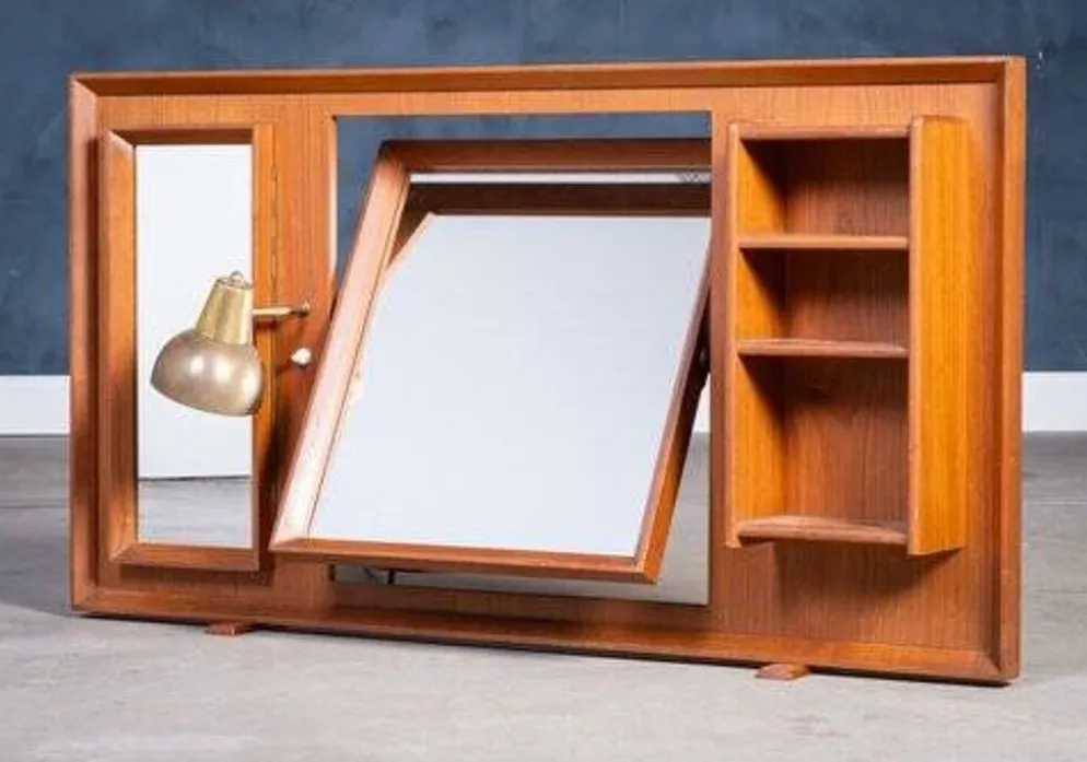 Miroir sur pied en teck vintage avec lampe, années 1960