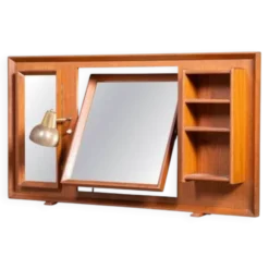 Miroir sur pied en teck vintage avec lampe, années 1960