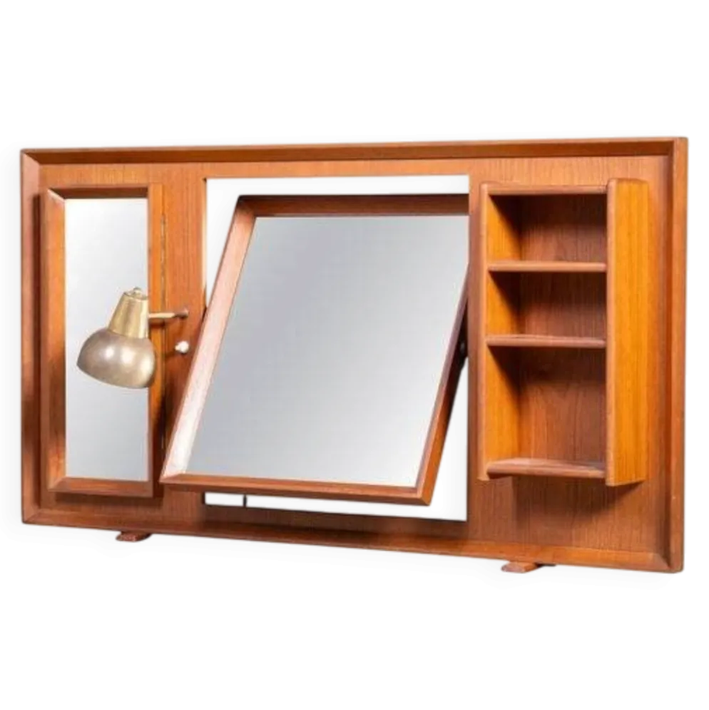 Miroir sur pied en teck vintage avec lampe, années 1960