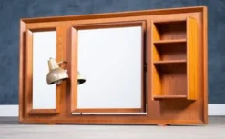 Miroir sur pied en teck vintage avec lampe, années 1960