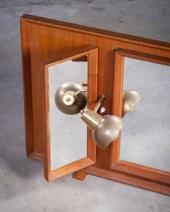 Miroir sur pied en teck vintage avec lampe, années 1960
