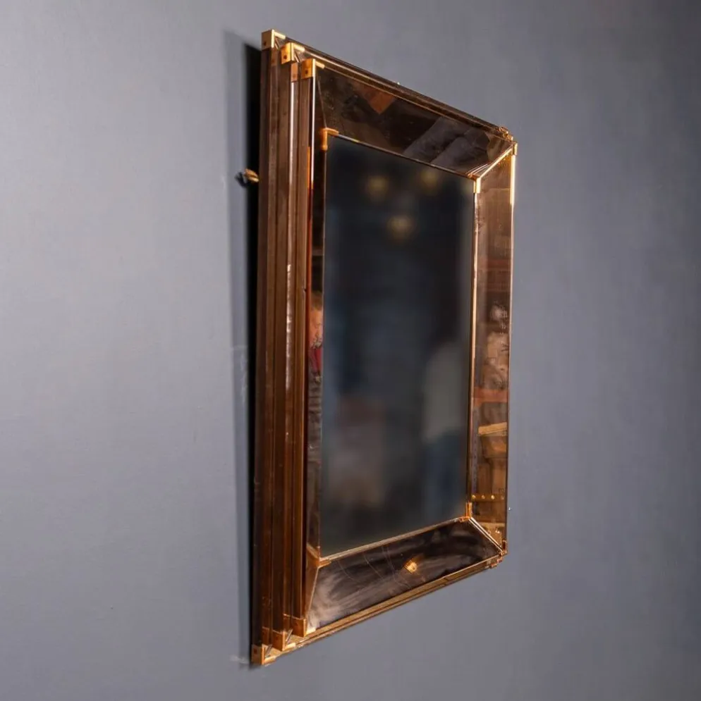 Miroir triple niveau en verre rosé et bronze italien vintage des années 1940