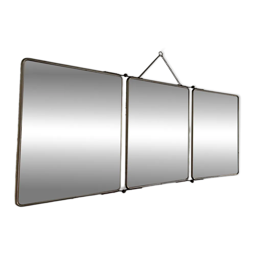 Miroir triptyque de barbier en simili cuir bleu, 1950