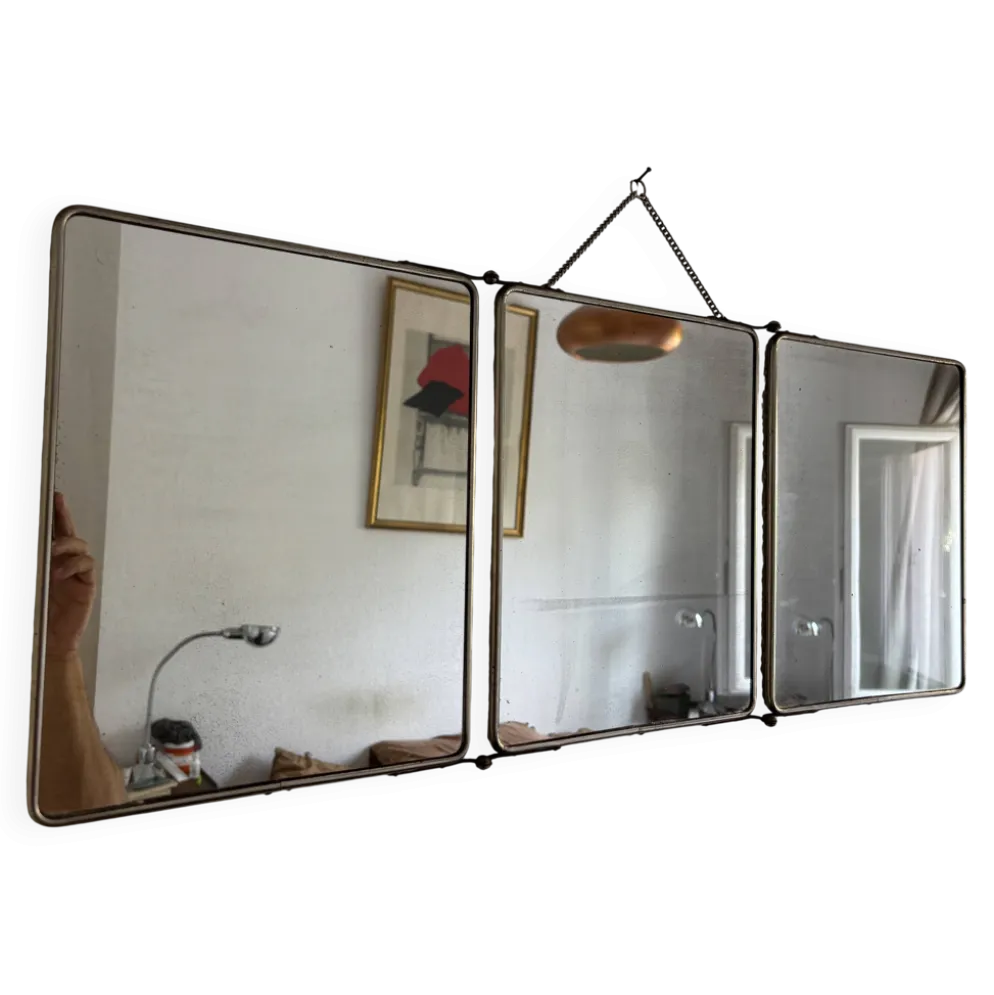 Miroir triptyque de barbier en simili cuir bleu, 1950