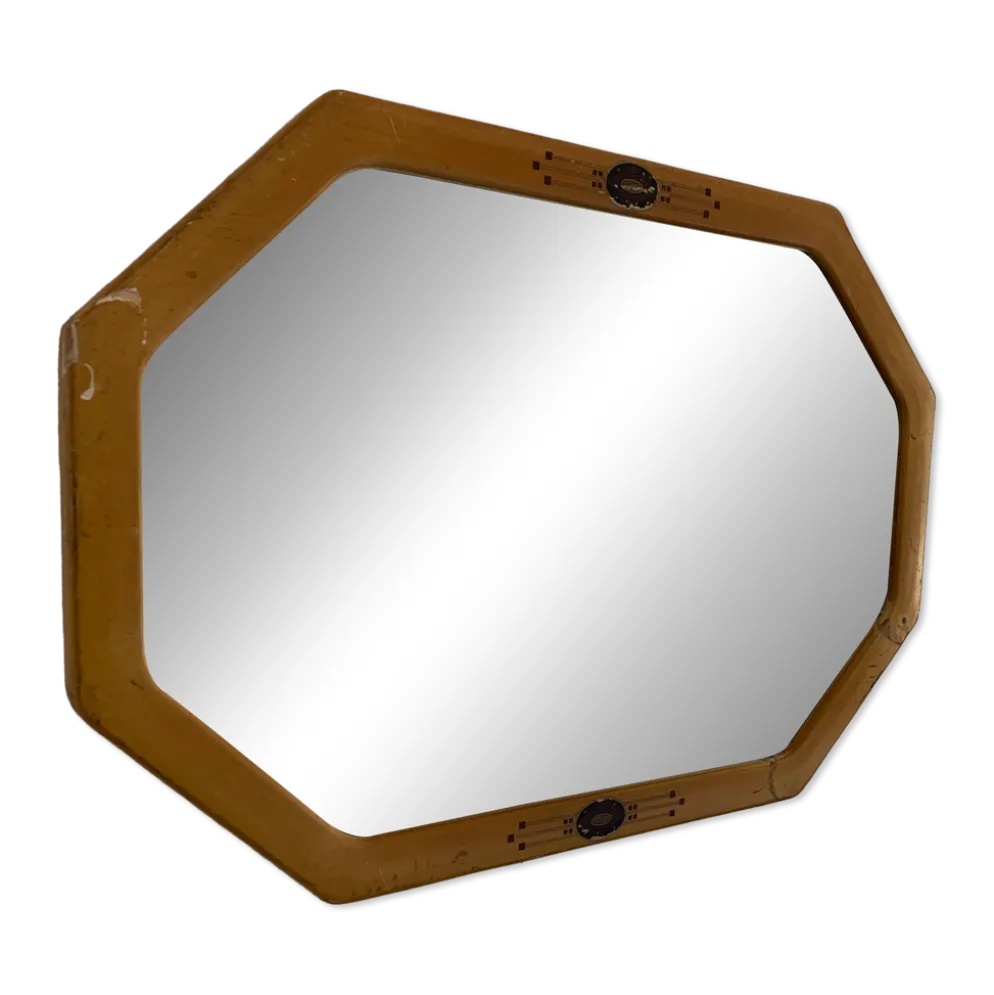 Miroir vintage 1930 Art Déco biseauté octogonal bois stuc - 66 x 45 cm