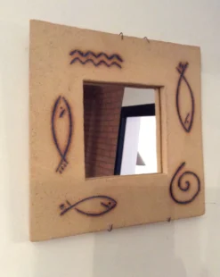 Miroir vintage des années 70-80 en béton signé - 30x30cm