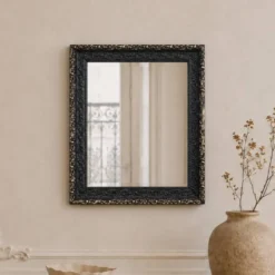 Miroir vintage en bois et stuc bleu nuit patiné doré – style baroque – 51 ×