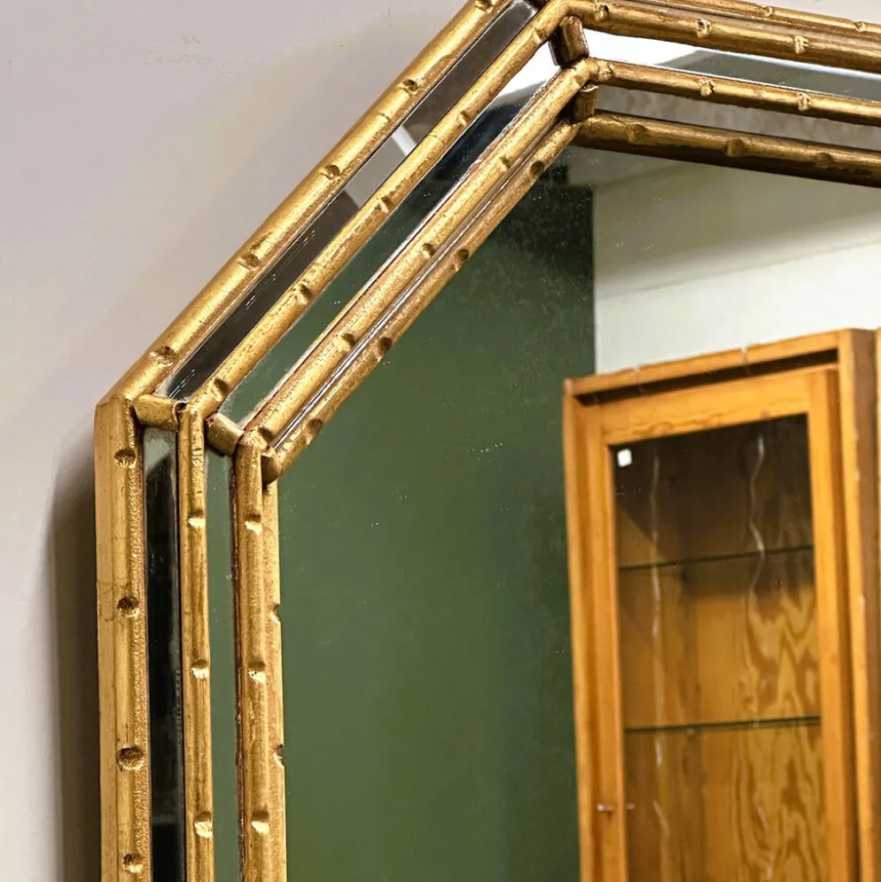 Miroir vintage en faux bambou doré, années 1980