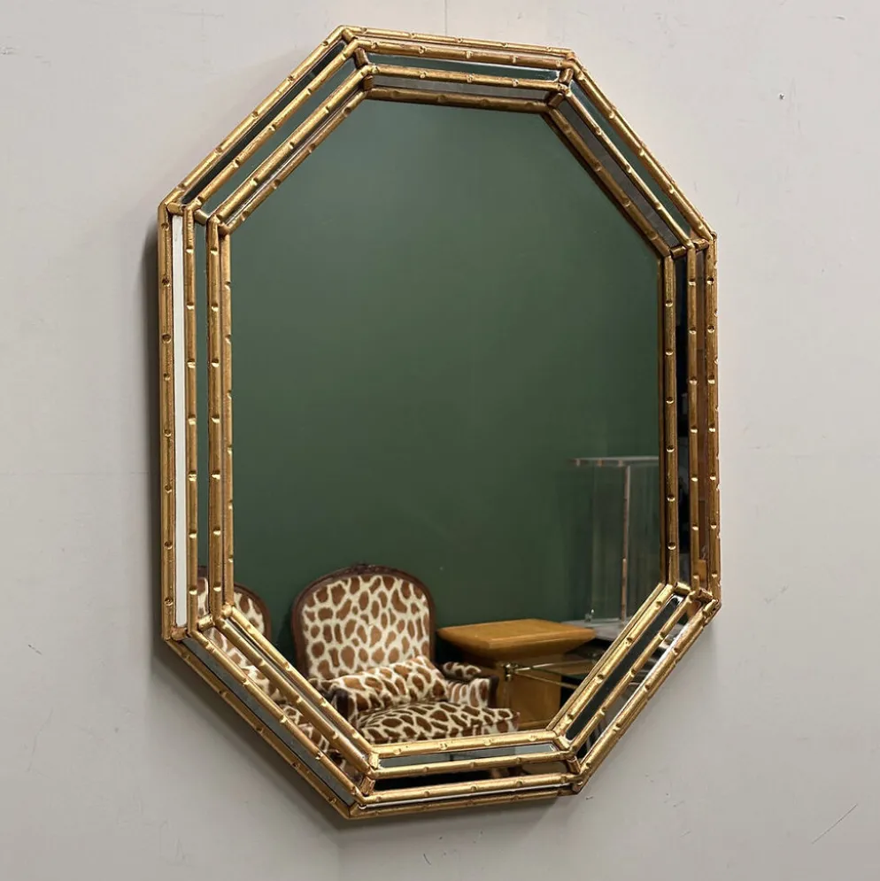 Miroir vintage en faux bambou doré, années 1980
