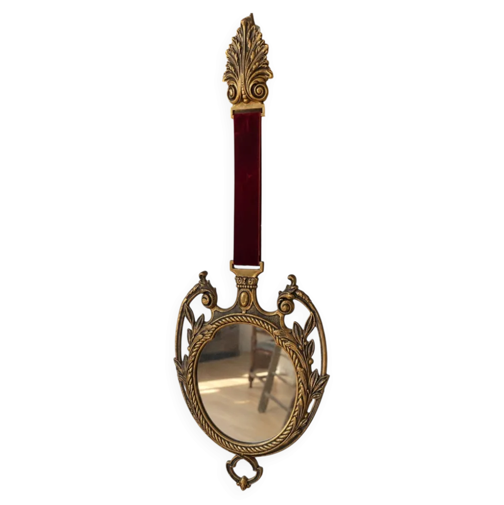 Miroir vintage en métal doré et velours bordeaux