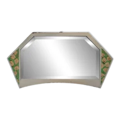 Miroir vintage géométrique à décor floral – bois peint patiné – 79 cm