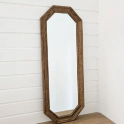 Miroir vintage octogonal bois massif nervuré entrée salle de bain chambre