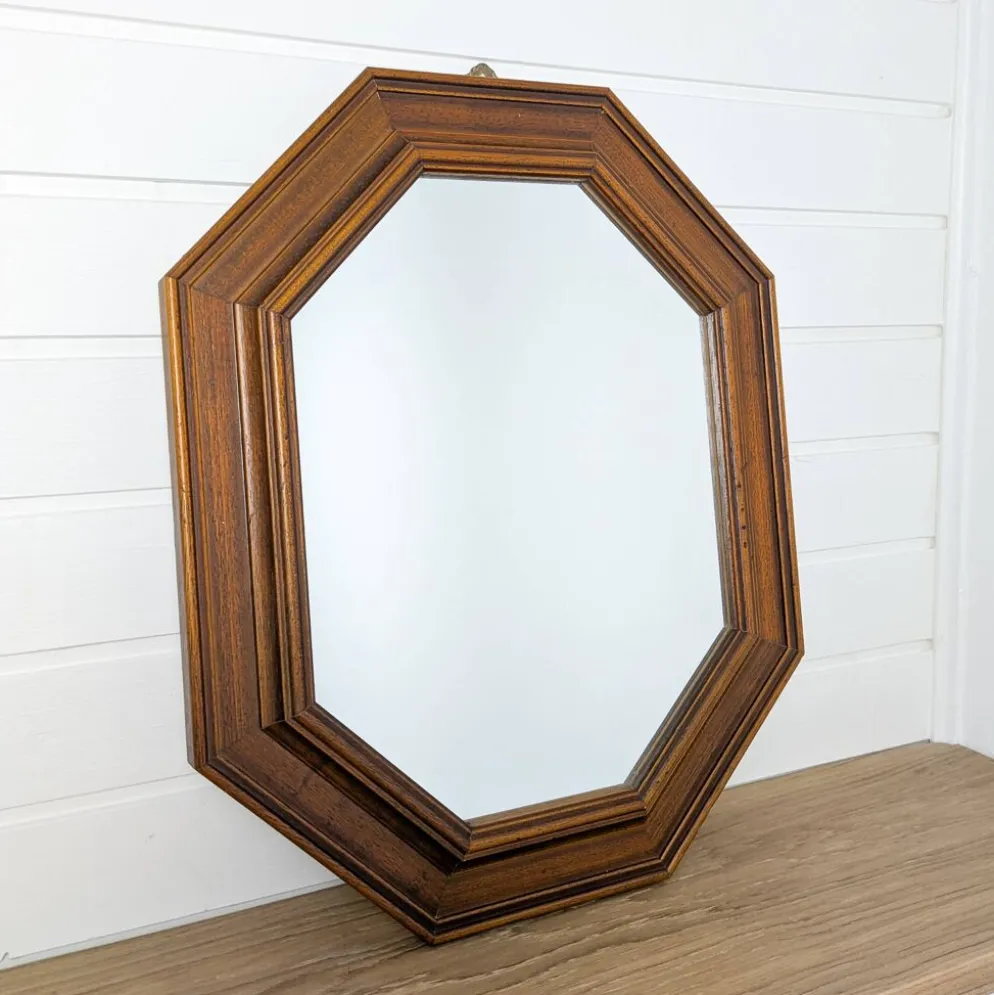 Miroir vintage octogonal en bois massif avec détails sculptés