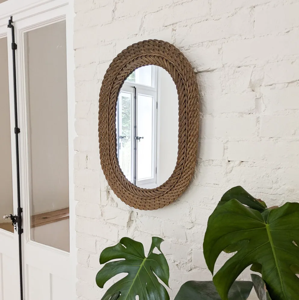 Miroir vintage ovale en osier tressé style bohème